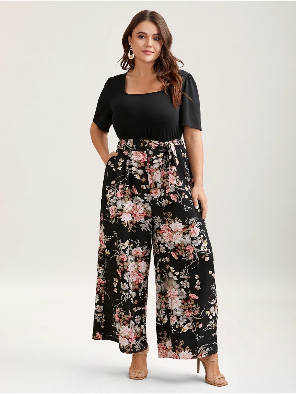 BloomChic Black Wide-Leg Floral Tie-Waist Jumpsuit